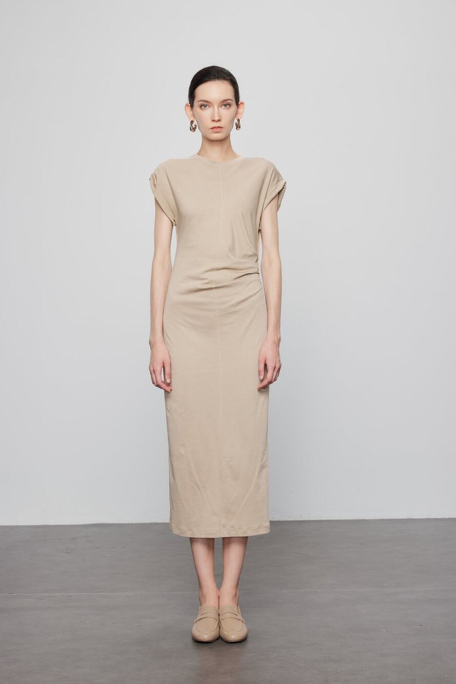 Max Simple Khaki Quiet Luxury Minimalist Midi Flutter Pleated Waist Dress XS